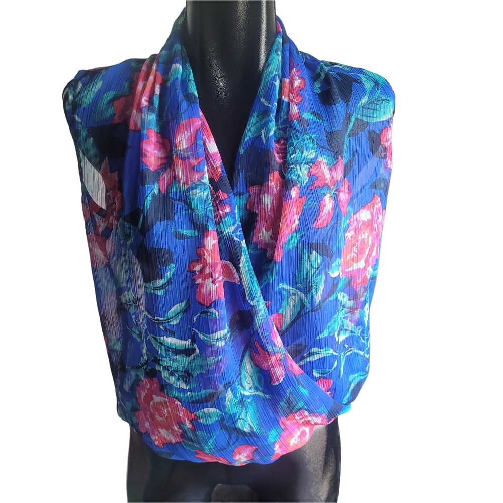 Cappucino Blue and Pink Semi Sheer Floral Sleeveless Wrap Blouse